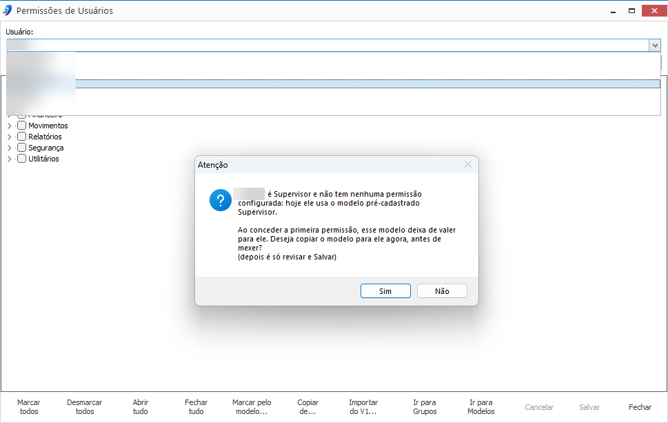 Aviso ao abrir um supervisor sem permissões configuradas