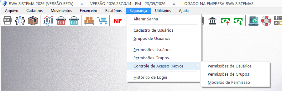 Menu Segurança, Controle de Acesso (Novo), com as três telas