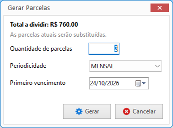Janela Gerar Parcelas