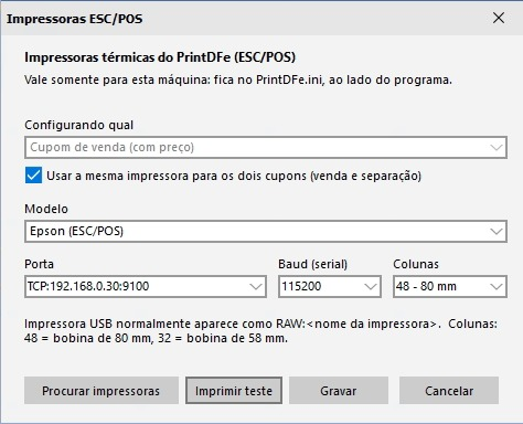 Tela Impressoras ESC/POS do PrintDFe, com impressora única para venda e separação, modelo Epson, porta de rede e 48 colunas para bobina de 80 mm