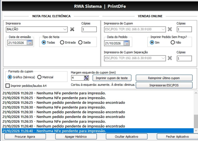 Tela principal do PrintDFe com as impressoras de cupom de venda e separação na área Vendas Online e o botão Impressoras ESC/POS abaixo