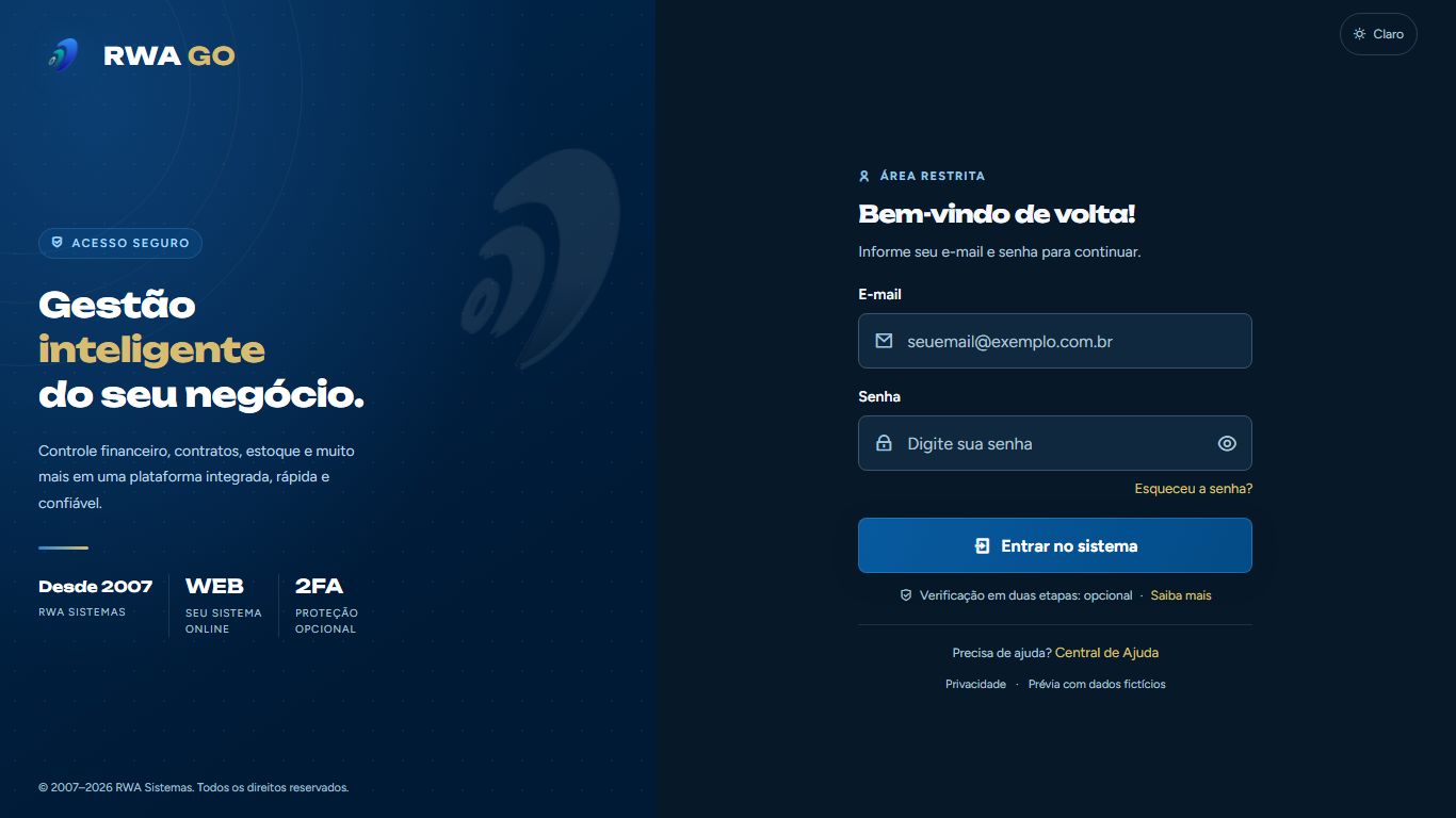 Tela de acesso do RWA GO, com campos de e-mail e senha e indicação de proteção opcional. Prévia sem dados de clientes.