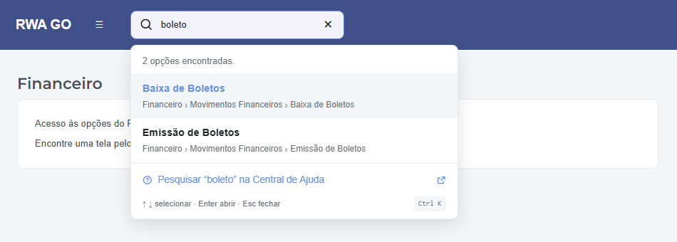 Busca por boleto no cabeçalho do RWA GO, com os resultados Baixa de Boletos e Emissão de Boletos e seus caminhos. Prévia com permissões simuladas, sem dados de clientes.