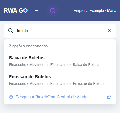 Busca no celular, aberta pela lupa do cabeçalho, com duas opções financeiras e um atalho para a Central de Ajuda. Prévia com permissões simuladas, sem dados de clientes.