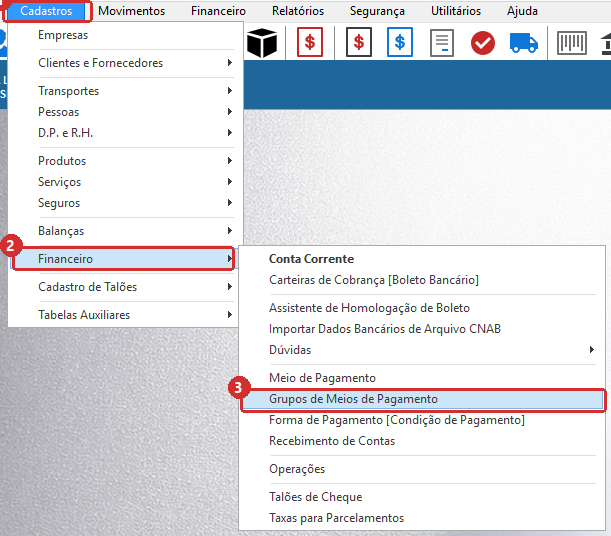 Menu Cadastros, Financeiro, Grupos de Meios de Pagamento